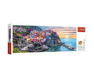 Trefl - Vernazza Al Atardecer, Italia - Puzzle Panorámico 500 Elementos - Viajes, Paisajes de Vacaciones, Puzzle DIY, Entretenimiento Creativo, Puzzles para Adultos y Niños a Partir de 10 Años