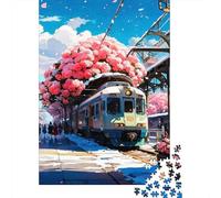 Tren Bajo los Cerezos Puzzle de 1000 Piezas Papel para Adultos Escena de Calle Primaveral Puzzle para Toda la Familia Decoración Hogar Regalo 52x38cm/1000pcs