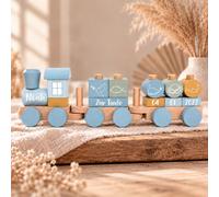 Tren de madera personalizado para bautizo con nombre y fecha de bautizo – Azul océano – Grabado
