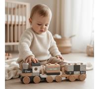 Tren de madera personalizado para bautizo con nombre y fecha – Gris/Natural – Impresión
