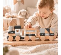 Tren de madera personalizado para nacimiento con nombre y datos de nacimiento – Gris/Natural – Sin personalización