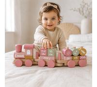 Tren de madera personalizado para nacimiento con nombre y datos de nacimiento – Rosa – Grabado