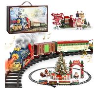 Tren de Navidad eléctrico retro con luces, sonido y vapor, batería recargable USB, locomotora y vagones, con vías y escena decorativa, juguete navideño para niños desde 3 años, ideal debajo del árbol.