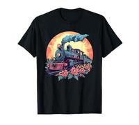 Tren de vapor al atardecer con borde floral Camiseta