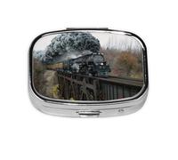 Tren de vapor y bosque ferroviario., Pastillero cuadrado para bolsillo o monedero, pequeño contenedor de pastillas, organizador de pastillas de viaje