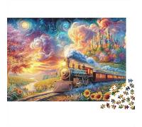 Tren del Atardecer al Castillo de Cuentos de Hadas Puzzle De 1000 Piezas Tren caprichoso Cartón Reciclado, Excelente Regalo para Todas Las Edades 52x38cm/1000pcs