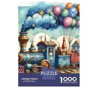 Tren Set De 1000 Piezas Papel Reciclado Blue Steam Tren Balloons Whimsical Scene Puzzle Familiar Aficionados A Los Fácil De Almacenar Actividad De Vinculación Familiar 70x50cm/1000pcs