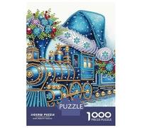 Tren Set De 1000 Piezas Papel Reciclado Blue Steam Tren Flowers Decorative Art Puzzle Familiar Aficionados A Los Rompecabezas Atractivo Ocio En Casa Fácil Almacenar 70x50cm/1000pcs