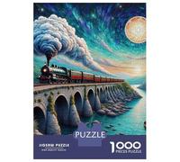 Tren Set De 1000 Piezas Papel Reciclado Steam Tren on Bridge Moonlit Lake Puzzle Familiar Aficionados A Los Fácil De Almacenar Actividad De Vinculación Familiar 52x38cm/1000pcs