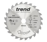 Trend ATBR Hoja sierra ingletadora TCT 250x30mm 24d +7° | Para sierras de inglete inalámbricas: cortes bastos en madera, 24 dientes TCT, gancho +7°, ref CSB/CC25024T.