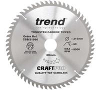 Trend CraftPro Hoja de sierra circular TCT, 215 mm de diámetro x 60 dientes x 30 mm de diámetro interior, punta de carburo de tungsteno, CSB/21560