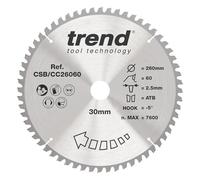 Trend CraftPro Hoja de sierra circular TCT de corte transversal con gancho negativo, 260 mm de diámetro x 60 dientes x 30 mm de diámetro interior, punta de carburo de tungsteno, CSB/CC26060