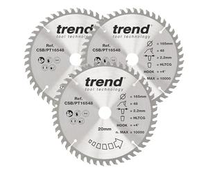 Trend CraftPro Paquete triple de hojas de sierra para cortar paneles, 165 mm de diámetro x 48 dientes x 20 mm de diámetro interior, punta de carburo de tungsteno, CSB/PT165/3PK, paquete de 3