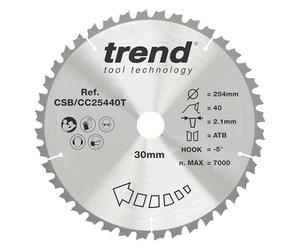 Trend CraftPro TCT - Hoja de sierra ingletadora de corte transversal con gancho negativo, 254 mm de diámetro, 30 mm de diámetro, 40 dientes, corte de 2,5 mm, gancho de -5°, CSB/CC25440T
