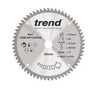 Trend Disco sierra circular 190 mm 60T TCT Alu/Plástico | Para Alu y plástico: 60T TCT, orificio 20 mm, kerf 2,8 mm y gancho -6° (CSB/AP19060A)