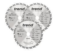 Trend Disco Sierra Circular Madera 165mm 24T TCT 20mm, 3 uds | 3 discos TCT para cortes limpios en madera: 24 dientes, kerf 1,5 mm y gancho 20°, CSB/165/3PK/D