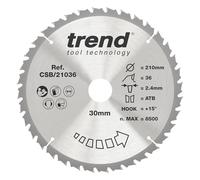 Trend Disco Sierra Circular Madera 210x30mm 36T TCT Acabado medio | Cortes limpios transversales y longitudinales en madera: 36 dientes, TCT, trazo 2,4 mm y gancho +15°. CSB/21036