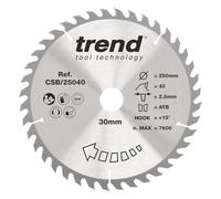Trend Disco sierra circular madera 250mm, 30mm, 40T TCT acabado medio | Corte suave en madera: 40 dientes, corte 2,8 mm y gancho +15° para acabado medio. CSB/25040
