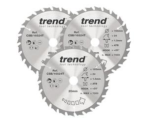 Trend Disco Sierra Circular para Madera, Inalámbrica, 165 mm, 20 mm de Eje, 24 Dientes, Acabado Medio, Pack de 3, CSB/165/3PK/D