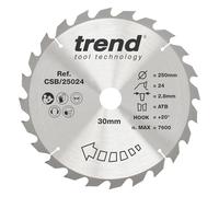 Trend Disco Sierra Circular TCT 250mm 30mm 24T +20° Uso general | Corta madera rápido en transversal: paso grueso, kerf 2,8 mm y gancho +20° para cortes eficientes. CSB/25024