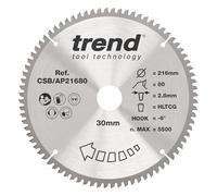 Trend CraftPro Hoja de sierra circular TCT para encimera de aluminio y plástico, 216 mm de diámetro x 80 dientes x 30 mm de diámetro interior, punta de carburo de tungsteno, CSB/AP21680