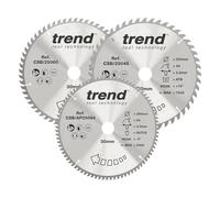 Trend Discos TCT sierra circular madera 250mm 48/60/84T 3uds | Pack 3: 48/60/84T, taladro 30mm, corte 3mm para maderas finas y medianas, CSB/250/3PK