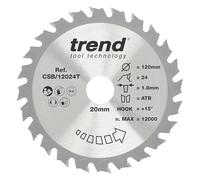 Trend Hoja de Sierra Circular Inalámbrica para Madera, 120mm de Diámetro, 20mm de Orificio, 24 Dientes, 1.8mm de Corte, +15° de Ángulo, metal duro (TCT), Acabado Medio, CSB/12024T
