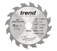 Trend Hoja de Sierra Circular Inalámbrica para Madera, 136mm de Diámetro, 20mm de Orificio, 16 Dientes, 1.5mm de Corte, +20° de Ángulo, metal duro (TCT), Acabado Grueso, CSB/13616TA