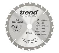 Trend Hoja de Sierra Circular Inalámbrica para Madera, 184mm de Diámetro, 20mm de Orificio, 24 Dientes, 1.65mm de Corte, +18° de Ángulo, metal duro (TCT), Acabado Medio, CSB/18424T