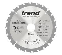 Trend Hoja de Sierra Circular Inalámbrica para Madera, 190mm de Diámetro, 30mm de Orificio, 24 Dientes, 1.5mm de Corte, +20° de Ángulo, metal duro (TCT), Acabado Medio, CSB/19024TB