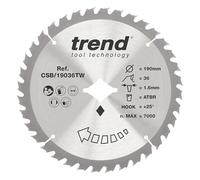 Trend Hoja de Sierra Circular Inalámbrica para Madera ATBR, Diámetro de 190mm, Orificio de Diamante, 36 Dientes, Corte de 1.6mm, Gancho de +25°, metal duro (TCT), Acabado Fino, CSB/19036TW
