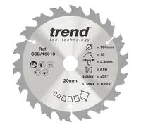 Trend Hoja de Sierra Circular para Madera, 160mm de Diámetro, 20mm de Orificio, 18 Dientes, 2.4mm de Corte, +25° de Ángulo, metal duro (TCT), Acabado Grueso, CSB/16018