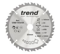 Trend Hoja de Sierra Circular para Madera, 160mm de Diámetro, 20mm de Orificio, 24 Dientes, 2.2mm de Corte, +15° de Ángulo, metal duro (TCT), Acabado Medio, CSB/16024A