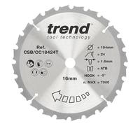Trend Hoja de Sierra Ingletadora Inalámbrica para Madera, 184mm de Diámetro, 16mm de Orificio, 24 Dientes, 1.6mm de Corte, -5° de Ángulo, metal duro (TCT), Acabado Medio, CSB/CC18424T