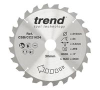 Trend CSB/CC21624 - Hoja de sierra ingletadora para madera, 216 mm de diámetro, 30 mm de diámetro, 24 dientes, corte de 2,6 mm, gancho de -5°, TCT, acabado grueso, CSB/CC21624