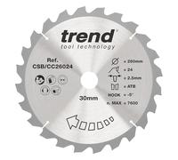 Trend Hoja de Sierra Ingletadora para Madera, 260mm de Diámetro, 30mm de Orificio, 24 Dientes, 2.5mm de Corte, -5° Gancho, metal duro (TCT), Acabado Grueso, CSB/CC26024