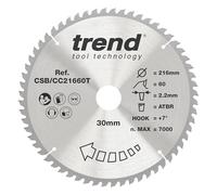 Trend CraftPro Hoja de sierra circular TCT de corte transversal con gancho positivo, 216 mm de diámetro x 60 dientes x 30 mm de diámetro interior, punta de carburo de tungsteno, CSB/CC21660T