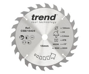 Trend Hoja sierra circular 184 mm 24D TCT 30 mm +15° | Corta madera limpia para acabados medios: 2,6 mm de corte, taladro 30 mm para sierras de mesa/ingletes. CSB/18424A