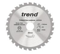 Trend Hoja sierra circular 184mm 30T 30mm TCT +15° acabado medio | Cortes rápidos con acabado medio en madera y paneles; kerf 2 mm, dientes TCT, CSB/NC18430A