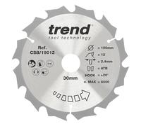 Trend Hoja sierra circular 190mm 30mm, 12 dientes TCT +15° | Para cortes transversales rápidos en madera blanda y de construcción, acabado grueso y dientes TCT duraderos CSB/19012