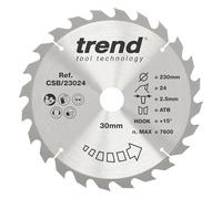 Trend Hoja sierra circular 230mm 30mm 24D TCT +15° grosera | Para corte transversal en madera: TCT 24 dientes, 2,5 mm de corte y ángulo +15°, CSB/23024