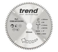 Trend CraftPro Hoja de sierra circular TCT para encimera de aluminio y plástico, 250 mm de diámetro x 84 dientes x 30 mm de diámetro interior, punta de carburo de tungsteno, CSB/AP25084