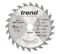 Trend Hoja sierra circular inalámbrica Wood 140mm 20mm 24T TCT | Corte 1,8 mm y gancho +15° para madera; 24 dientes TCT, acabado medio. Adecuada para CSB/14024T.