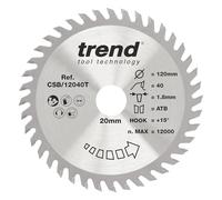 Trend Hoja sierra circular madera 120mm 20mm, 40T TCT | Dientes TCT finos para cortes transversales limpios en madera: 15° gancho, 1,8 mm de corte, CSB/12040T