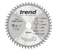 Trend Hoja sierra circular TCT 162mm 48T, 20mm taladro | Para corte de madera sin cable: 48 dientes, 1,8 mm de corte y gancho +15° para acabado fino, CSB/16248