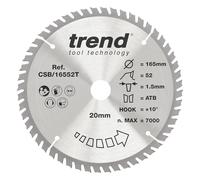 Trend Hoja sierra circular TCT 165 mm 52 dientes, taladro 20 mm | Hoja 52T TCT para sierras sin cable: acabado fino en madera, taladro 20 mm y corte 1,5 mm. CSB/16552T
