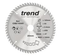 Trend CraftPro Hoja de sierra TCT, 165 mm de diámetro x 20 mm de diámetro interior x 60 dientes, con punta de carburo de tungsteno, CSB/16560