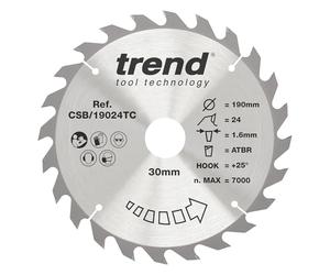 Trend Hoja sierra circular TCT 190 mm 24T, 30 mm acabado medio | Hoja TCT de 24 dientes para sierras circulares a batería, corte fino, 1,6 mm, taladro 30 mm, CSB/19024TC