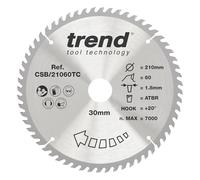 Trend Hoja sierra circular TCT 210mm 60T, taladro 30mm ATBR | Hoja TCT extra-fina para ATBR: 210mm, 60 dientes, kerf 1,8mm, gancho +20°, taladro 30mm, CSB/21060TC