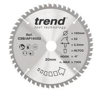 Trend Hoja sierra circular TCT aluminio/plástico 160 mm 52 dientes | Cortes limpios y ultra finos en aluminio y plástico; taladro 20 mm, kerf 2,2 mm, -6° gancho, CSB/AP16052